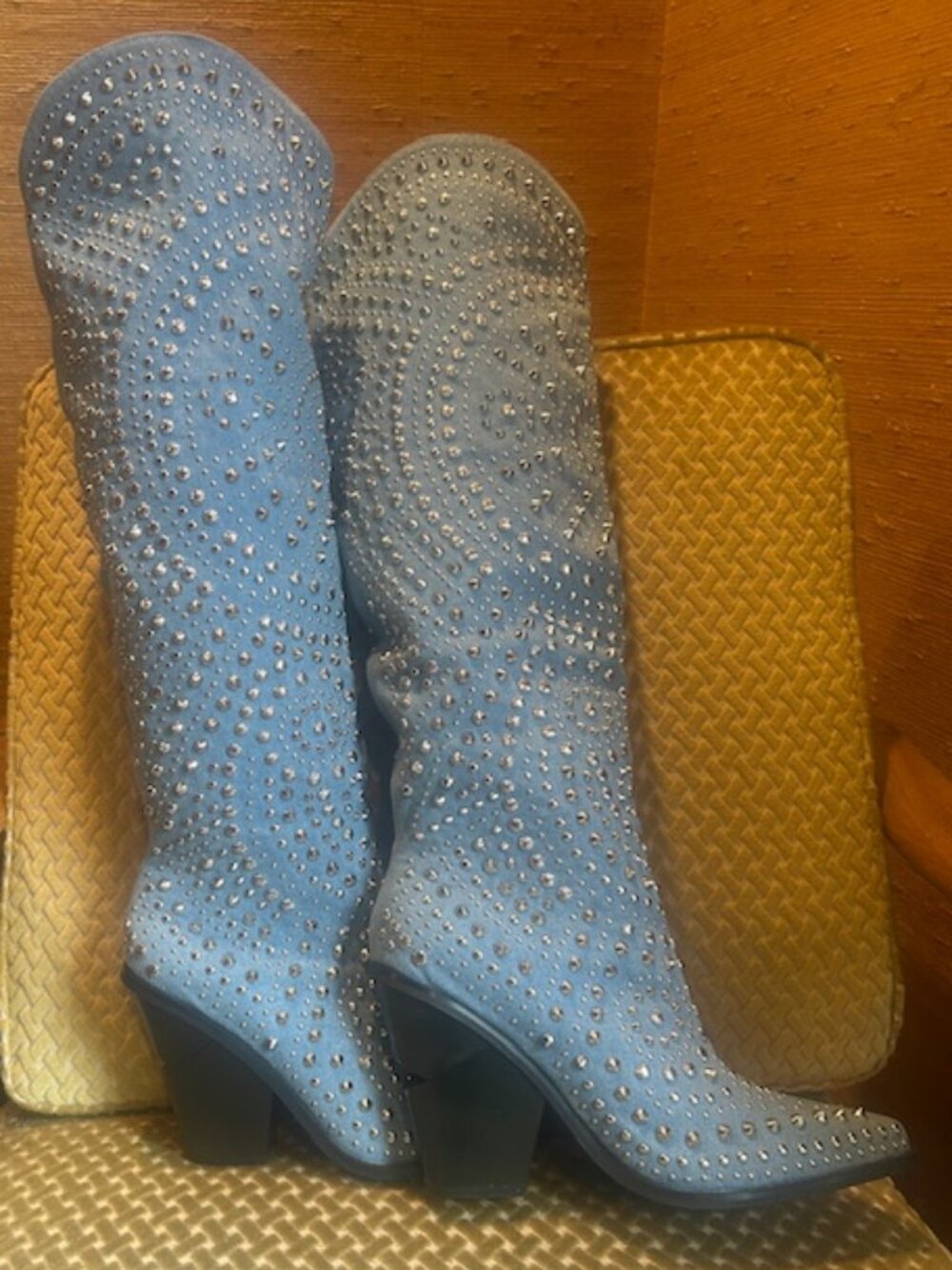 Azalea Wang Texas Studded Denim Pull On Cushioned Wedge Cut Heel Cowboy Boot NEW - Picture 12 of 16